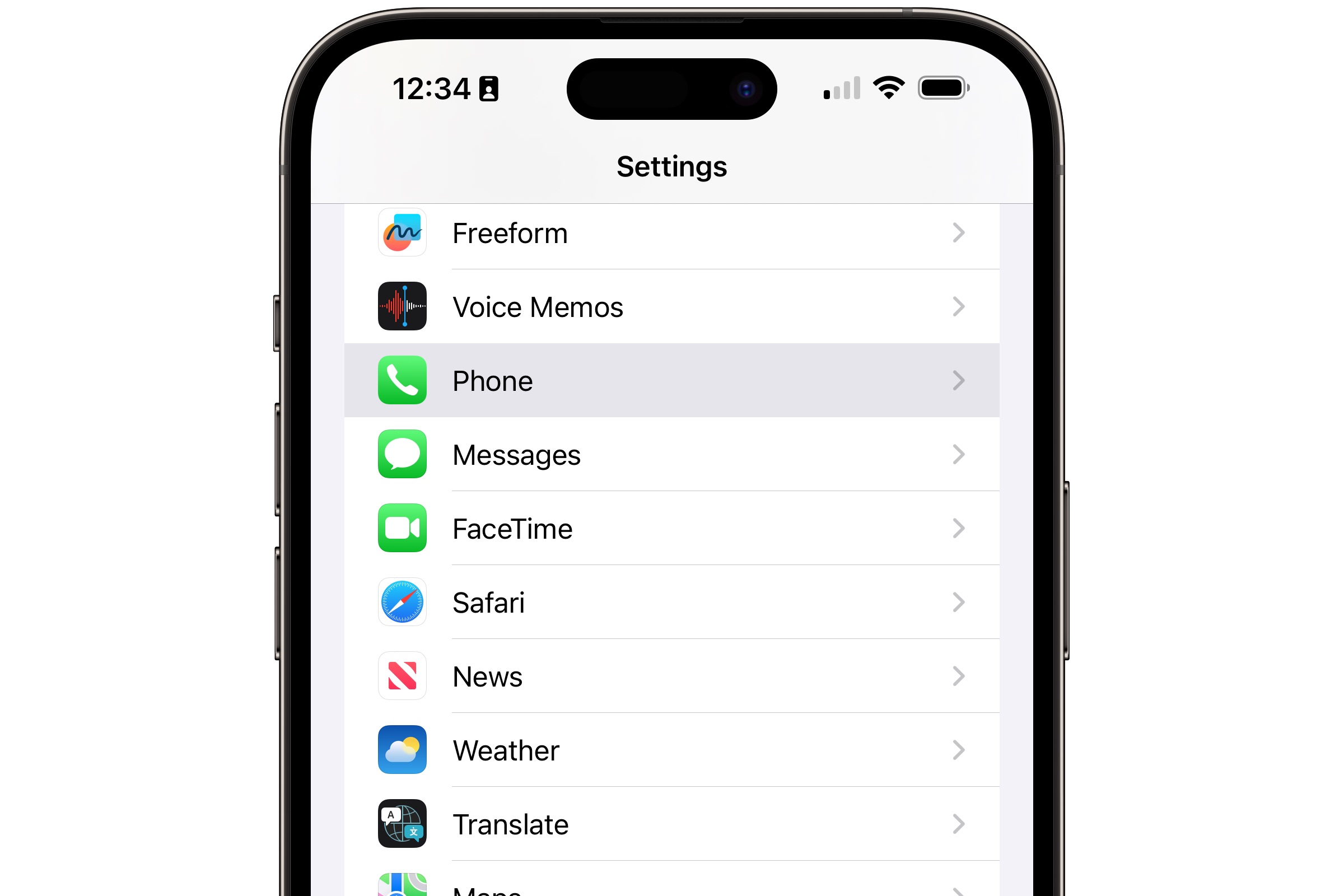 iPhone Settings app with Phone option highlighted.
