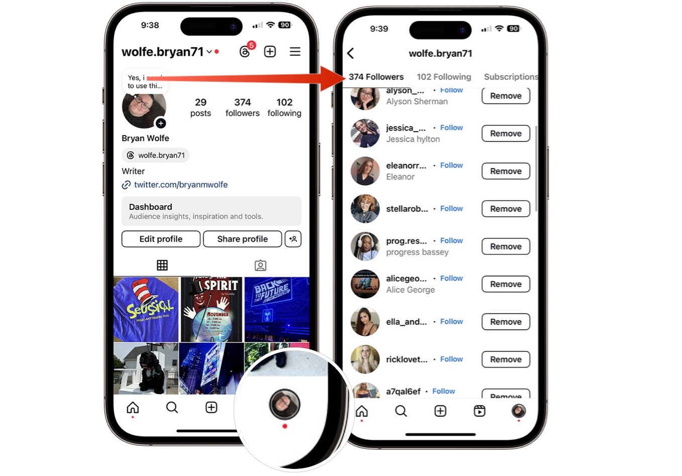 screenshot showing Instagram followers on iPhone app.