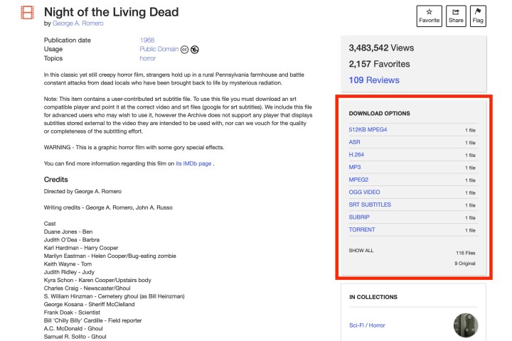 Un cuadrado rojo alrededor de las opciones de descarga de La noche de los muertos vivientes en el sitio de Internet Archive.