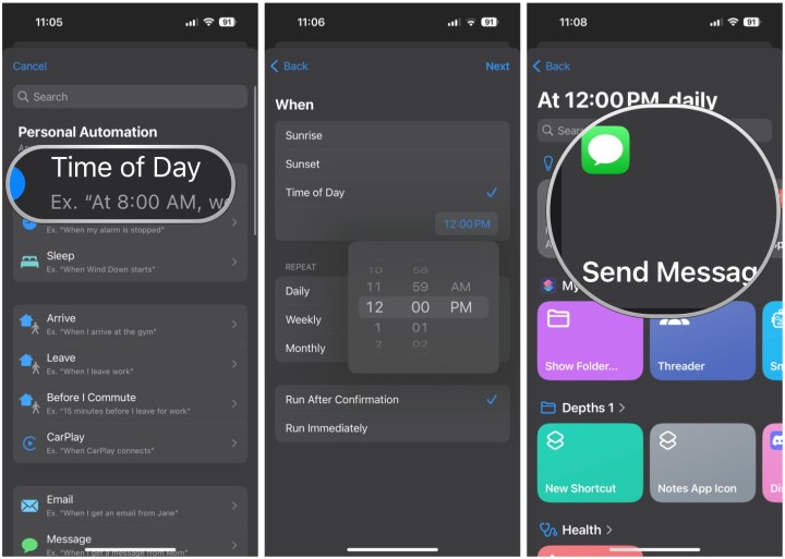 زمان روز را انتخاب کنید، زمان را تنظیم کنید، ارسال پیام را انتخاب کنید.