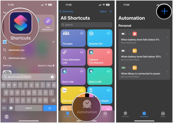 برنامه Shortcuts را باز کنید، تب Automations را انتخاب کنید، یک اتوماسیون جدید ایجاد کنید.