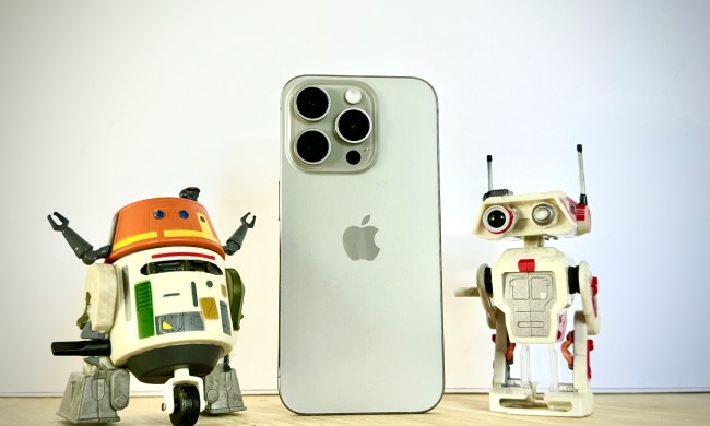 Natural Titanium iPhone 15 Pro with Chopper and BD-1 droids around it.