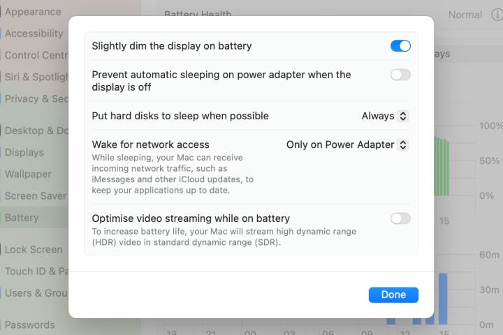 A set of battery settings in Apple's macOS Sonoma.