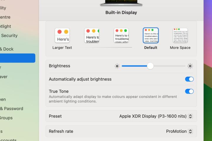 The brightness settings in Apple's macOS Sonoma.