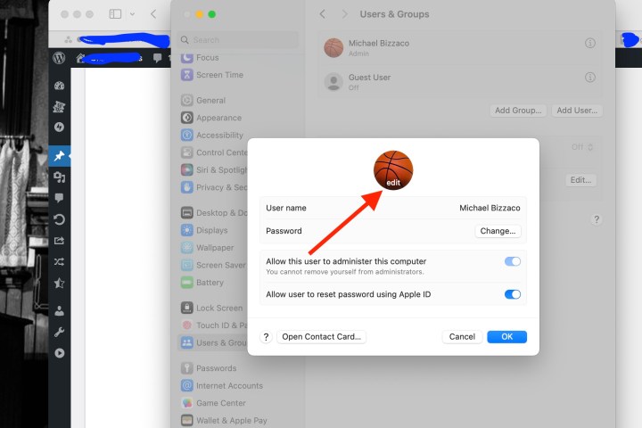 Die Schaltfläche „Bearbeiten“ über einem Benutzeranmeldebild in macOS Sonoma.