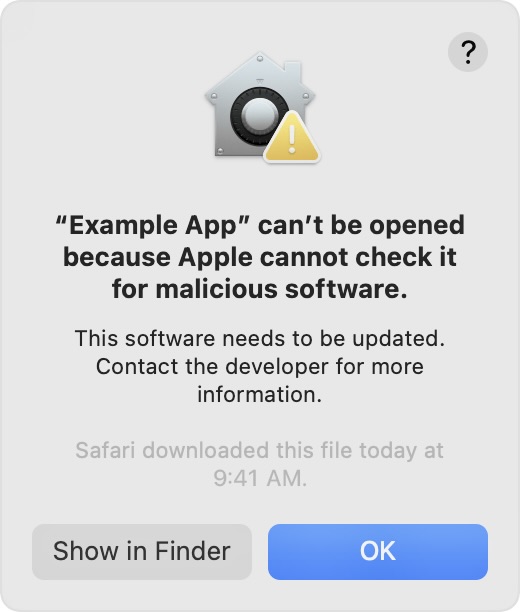 A Gatekeeper flag window in MacOS.