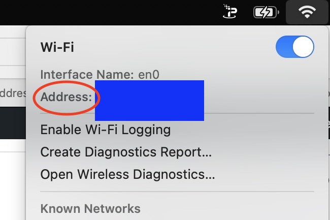 An obscured MAC address found in the hidden Wi-Fi settings sub-menu in macOS Sonoma.