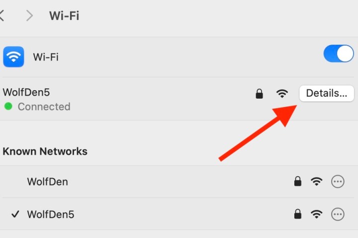 The Details button on the Network Settings page of macOS Sonoma.