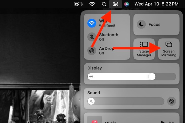 ম্যাকওএস-এ কন্ট্রোল সেন্টার এবং স্ক্রিন মিরর বিকল্প।