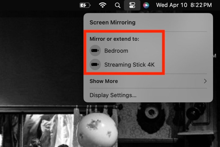 Two devices to choose from in the Screen Mirror dashboard in macOS.