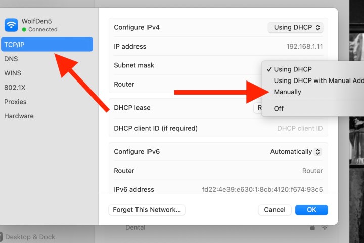 The TCP/IP and manual configuration options in macOS Sonoma.