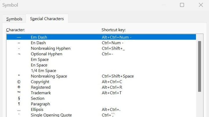 Em dash in the Symbols settings in Microsoft Word.