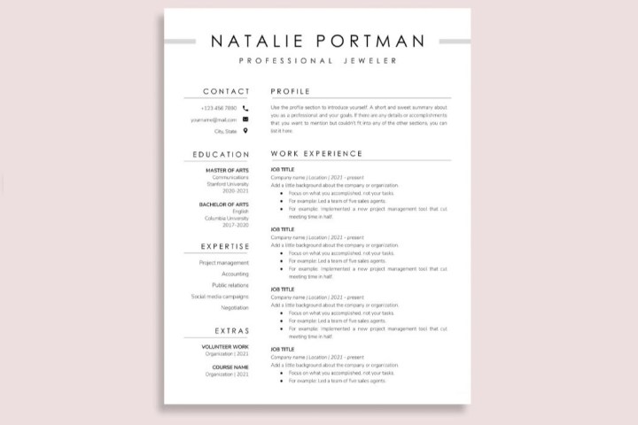 Plantilla de currículum vitae de Natalie Portman.
