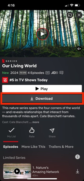 Un recuadro rojo alrededor de la opción Descargar en la aplicación de Netflix para iOS.