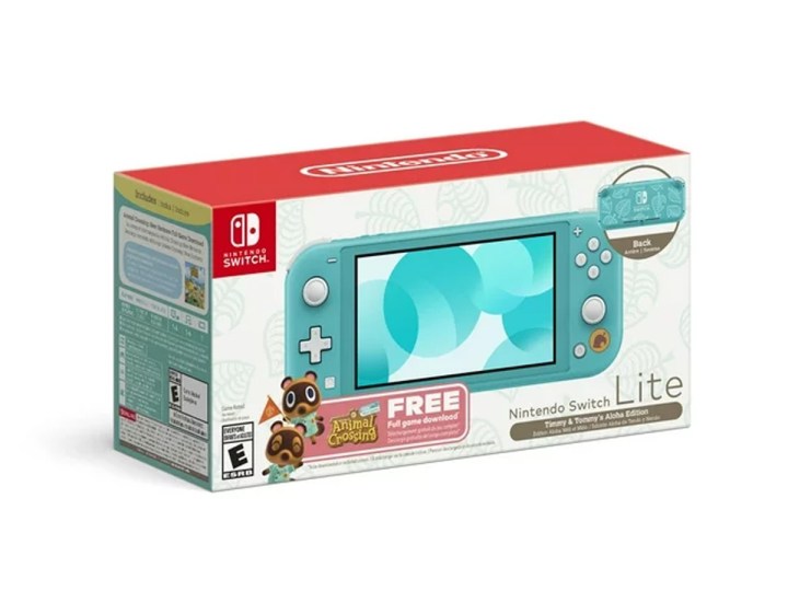 The Nintendo Switch Lite bundled with Animal Crossing: New Horizons against a white background.