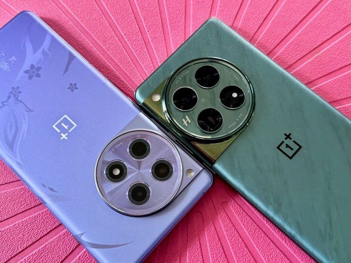 Genshin Impact Edition OnePlus 12R (left) and Flowy Emerald OnePlus 12.
