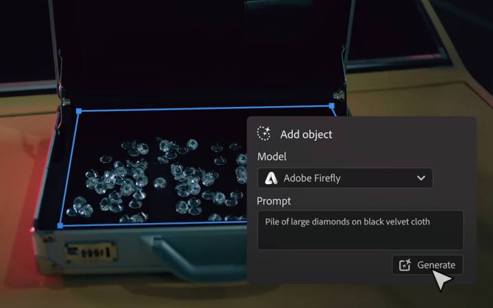 ब्रीफ़केस से कुछ हीरे निकालने के लिए Adobe Premiere Pro में जेनरेटिव AI का उपयोग किया जा रहा है।