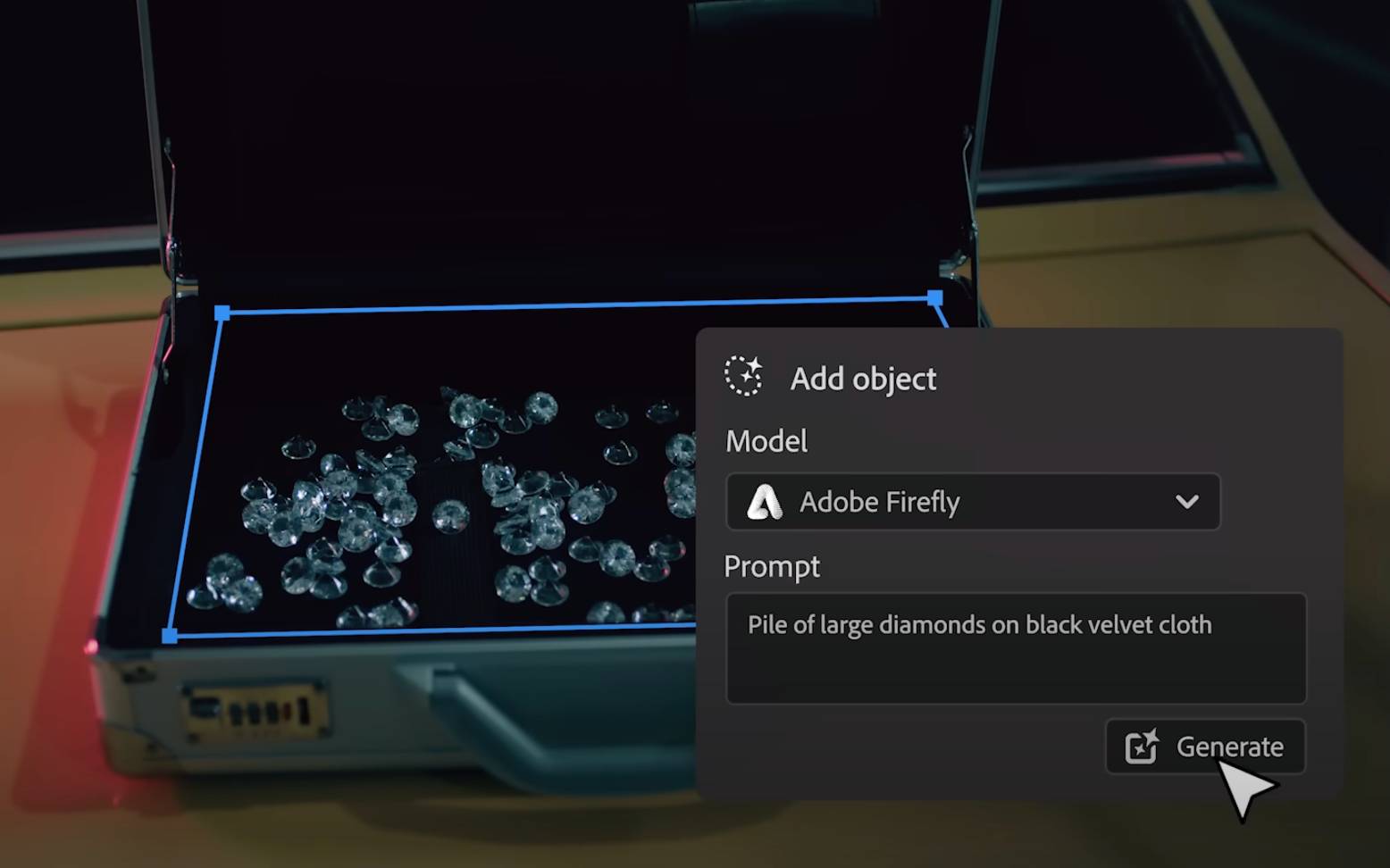 Generative AI being used in Adobe Premiere Pro to remove some diamonds from a briefcase.