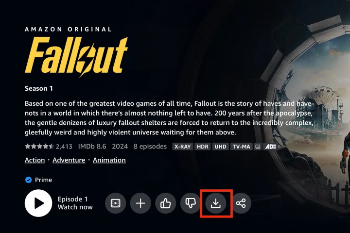 Amazon Prime Video 的 Fallout 标题页上的“下载”图标周围有一个红色方块。