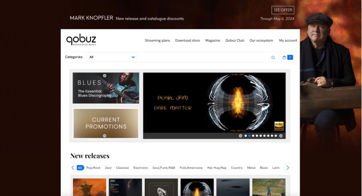 डेस्कटॉप पर Qobuz डाउनलोड स्टोर का स्क्रीनशॉट