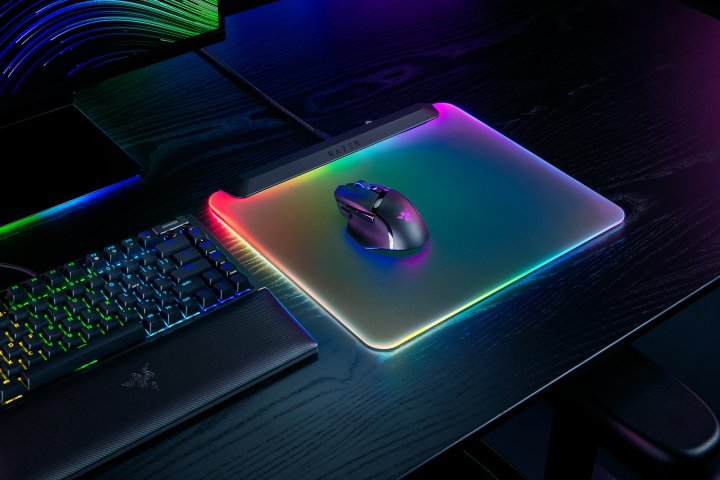 The Razer Firefly V2 Pro mouse pad sitting on a desk.