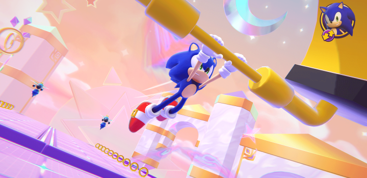 Sonic swings on a bar in Sonic Dream Team.