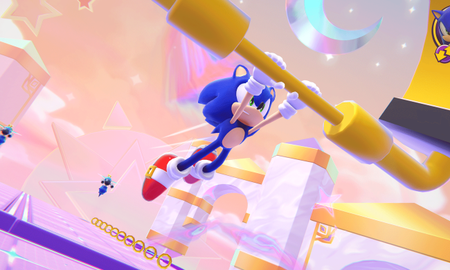 Sonic swings on a bar in Sonic Dream Team.