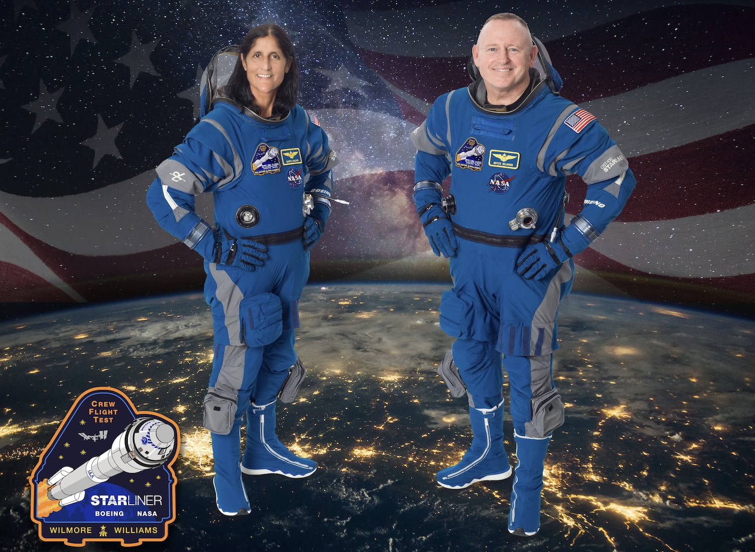 नासा के बोइंग क्रू फ़्लाइट टेस्ट के लिए आधिकारिक क्रू चित्र। बाईं ओर सुनी विलियम्स हैं, जो पायलट के रूप में काम करेंगी, और दाईं ओर बैरी "बुच" विल्मोर, अंतरिक्ष यान कमांडर हैं।