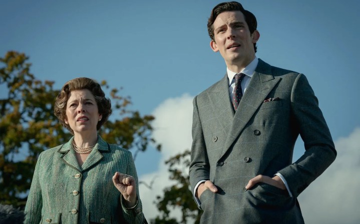 An old woman and a young man stand next to each other in The Crown.