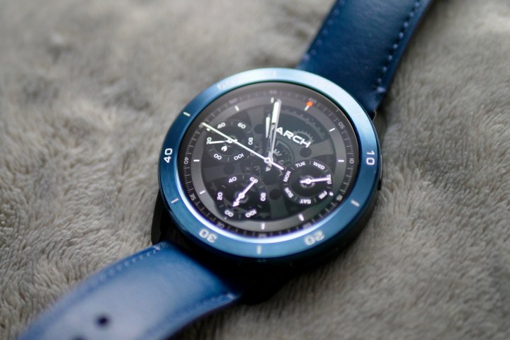 The Xiaomi Watch S3 with the blue bezel and strap.