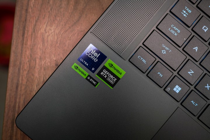 Intel and Nvidia badges on the Asus ROG Zephyrus G16.