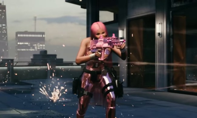 Nicki Minaj shooting an assault rifle in Call of Duty.