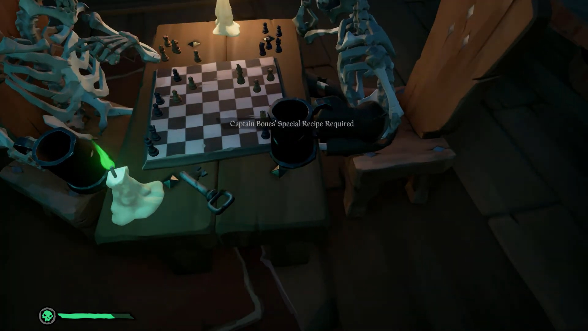 Two skeletons playing chess in Sea of Thieves.