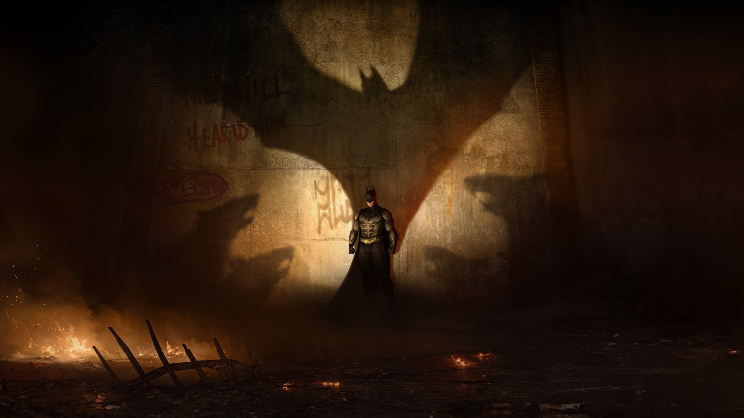 Batman stands in front of a bat shadow in Batman: Arkham Shadow.
