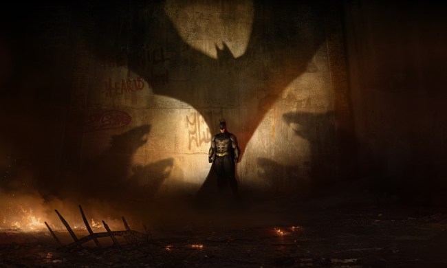 Batman stands in front of a bat shadow in Batman: Arkham Shadow.