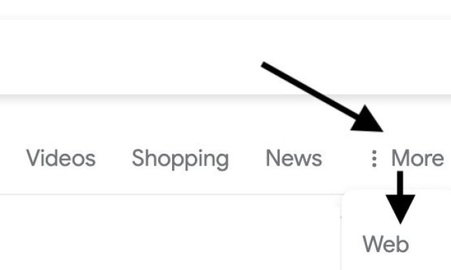 Arrows pointing to the Web filter in the More option in Google search results.