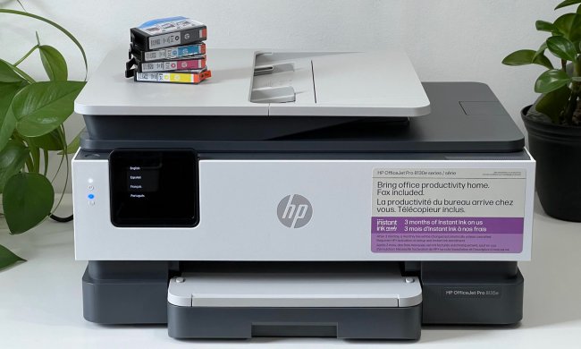 HP's OfficeJet Pro 8135e has a mix of rounded and sharp corners, dark and light shades.