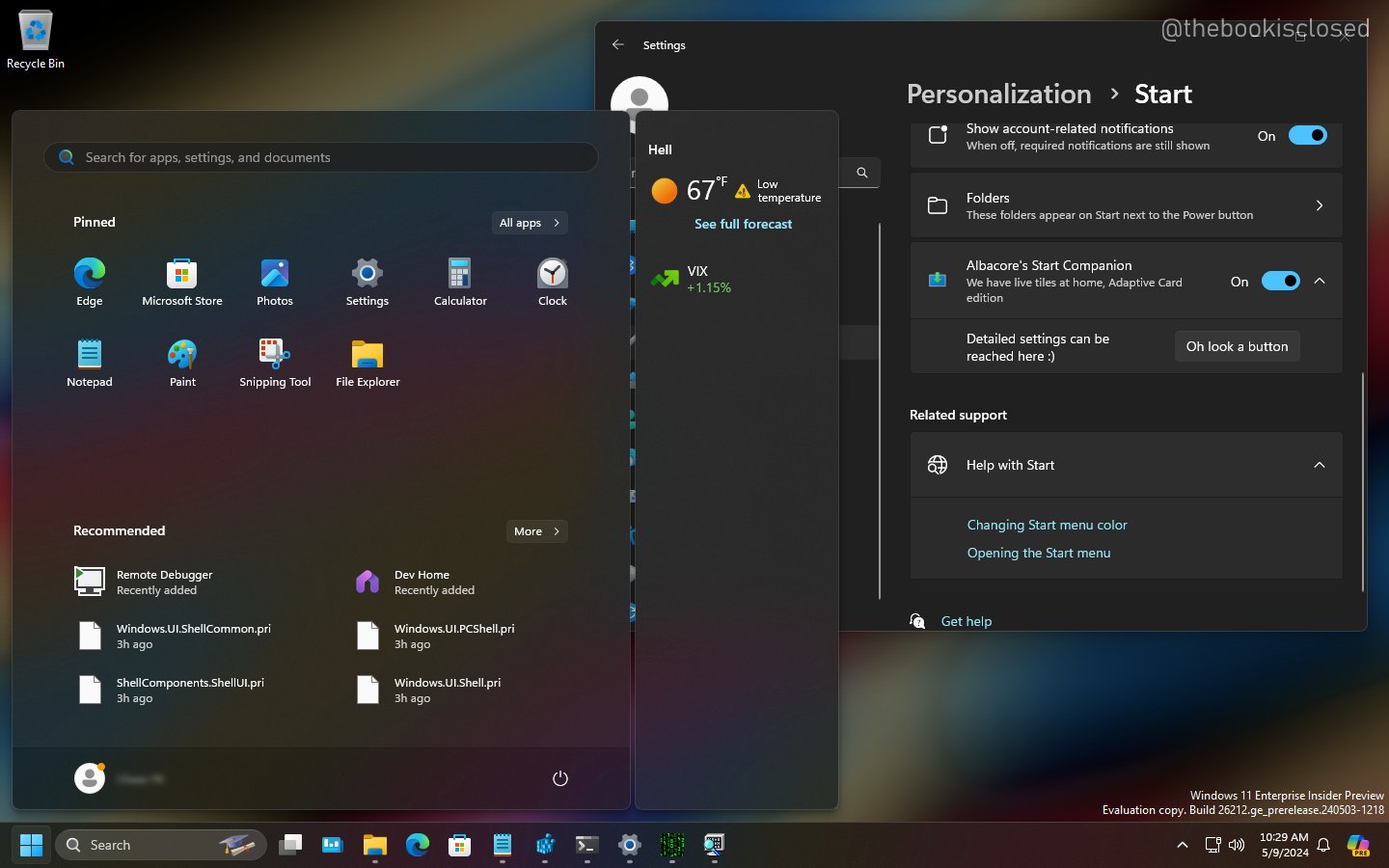 A screenshot of Start Menu Companions on a Windows 11 Insider Preview build.