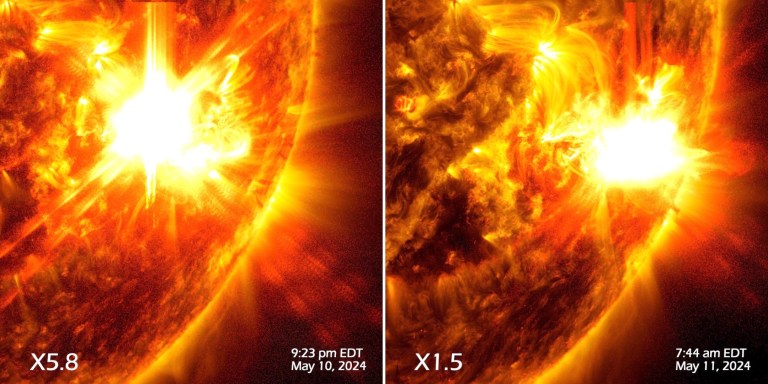 O Solar Dynamics Observatory da NASA capturou imagens das duas erupções solares em 10 e 11 de maio de 2024. A imagem mostra um subconjunto de luz ultravioleta extrema que destaca o material extremamente quente em erupções criadas a partir de uma mistura dos canais AIA 193, 171 e 131 do SDO.