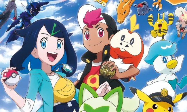 Liko and Roy surrounded by Pokémon in key art for Pokémon Horizons: The Series.