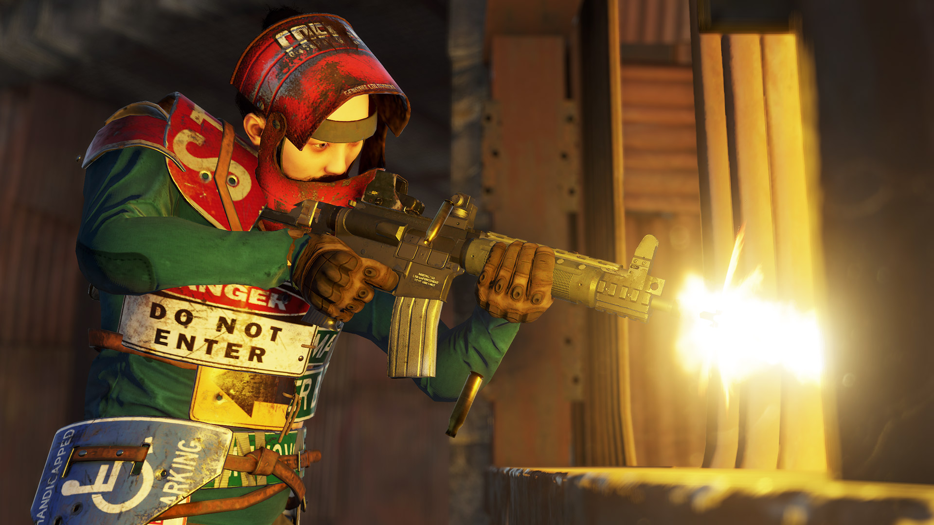 A player firing an assault rifle in Rust