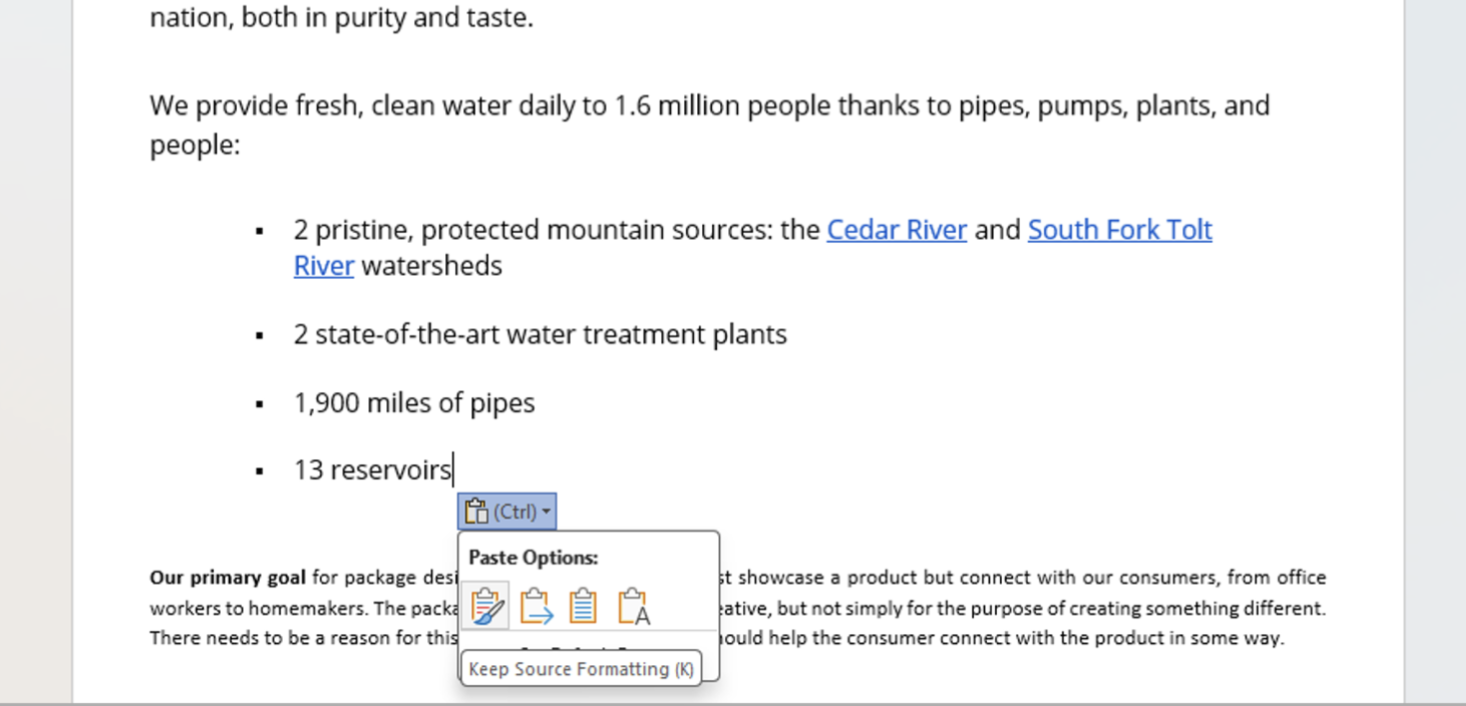 An example Word document with the new Pasting options.
