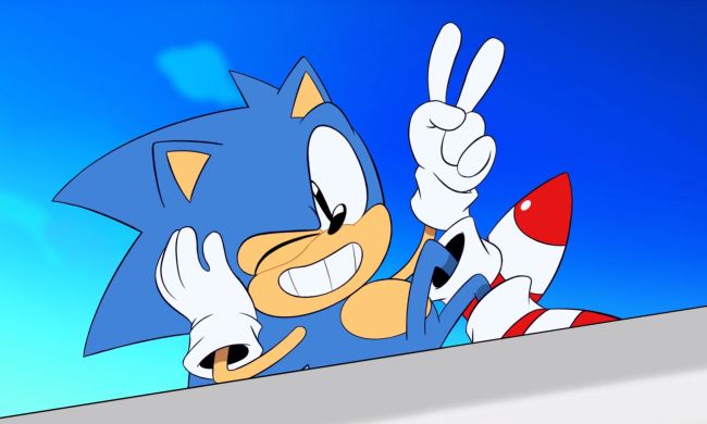 Sonic give a peace sign in an animation.