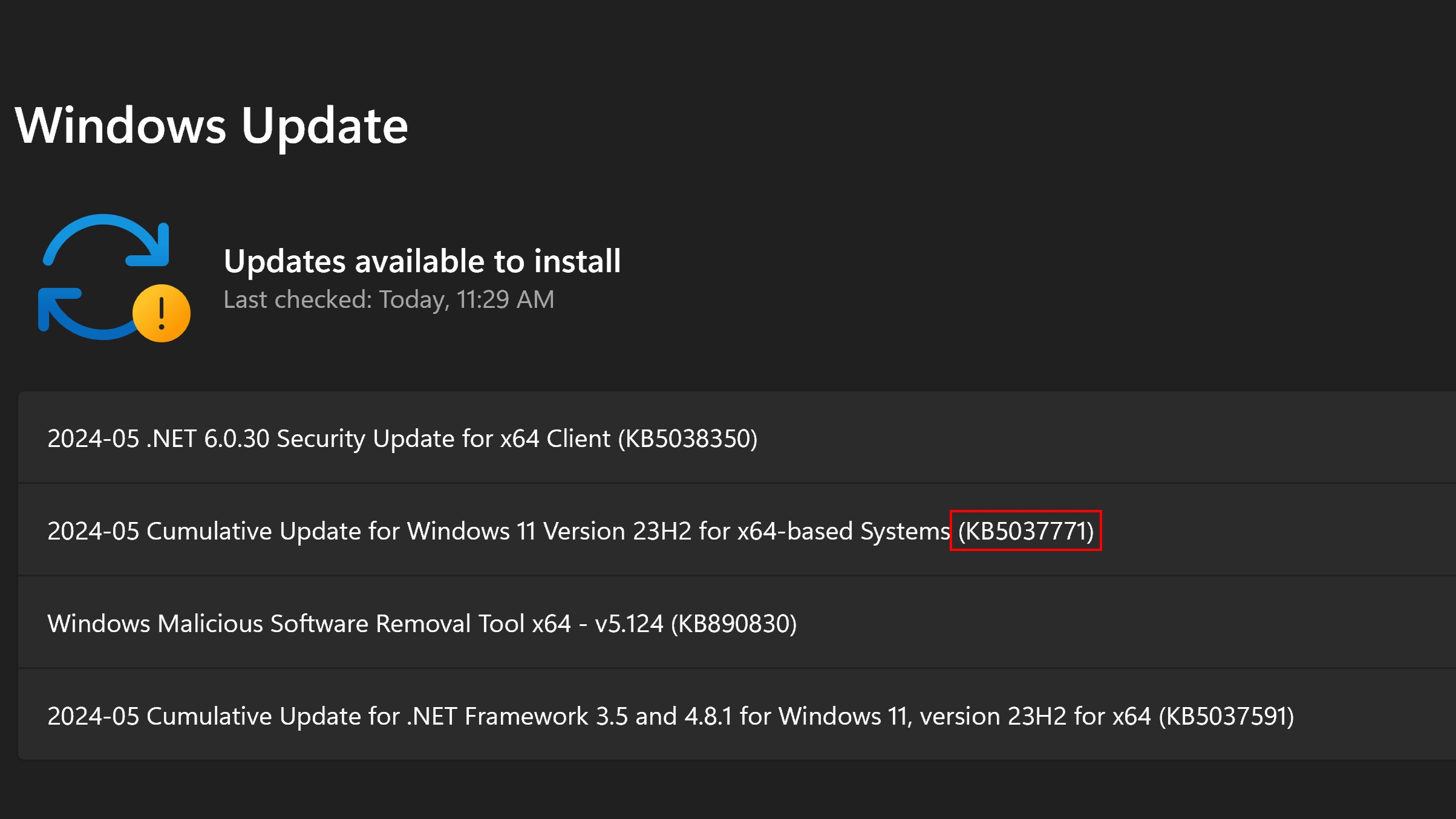Captura de pantalla de la pantalla de Windows Update.