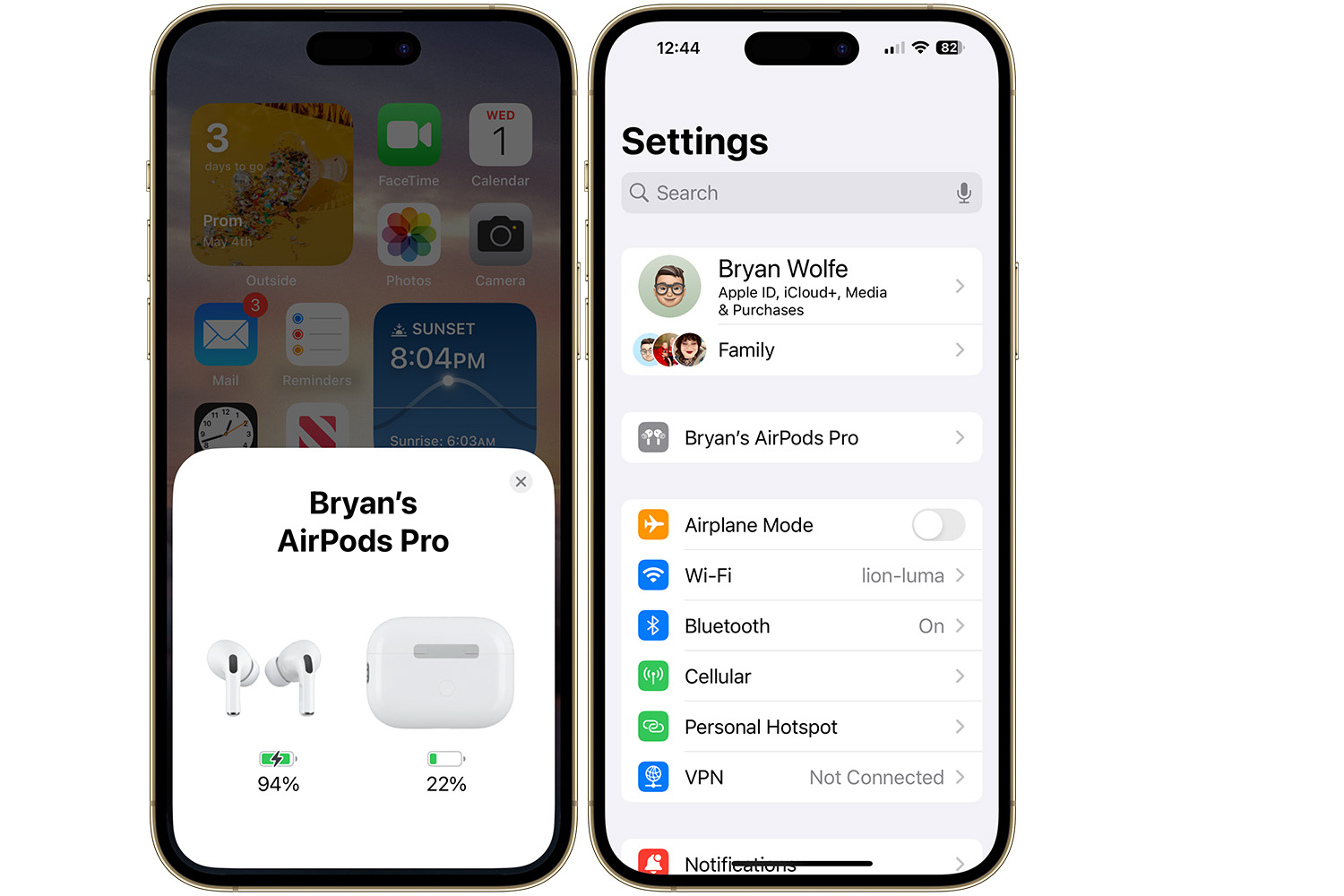 capturas de pantalla que muestran información de AirPods en iPhone.