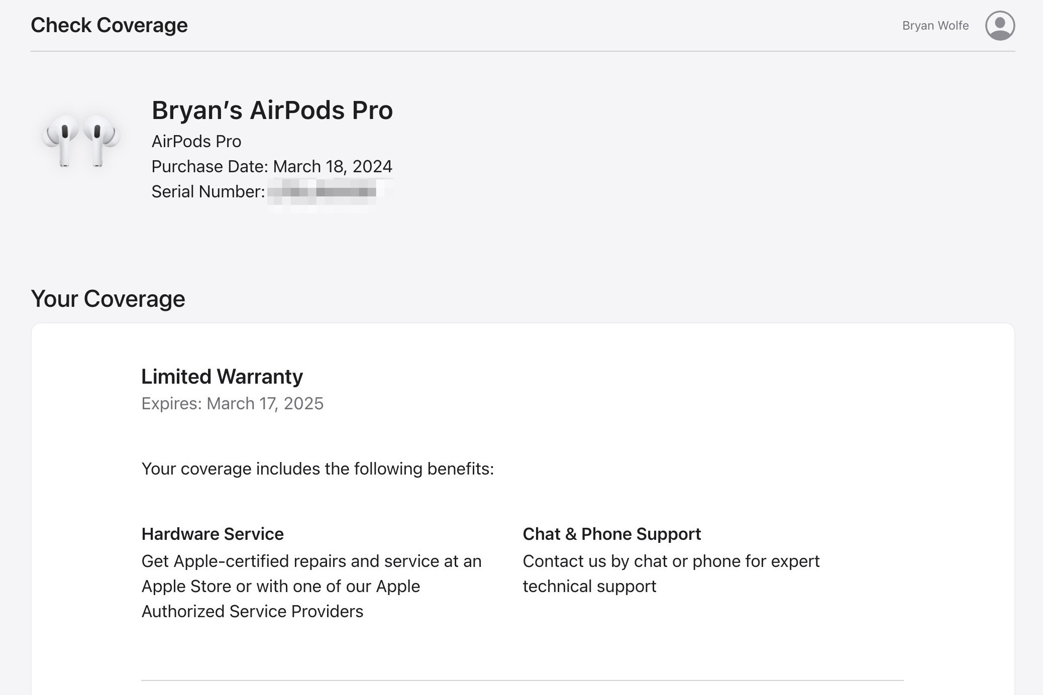 Una captura de pantalla que muestra la página de cobertura de Apple para AirPods.