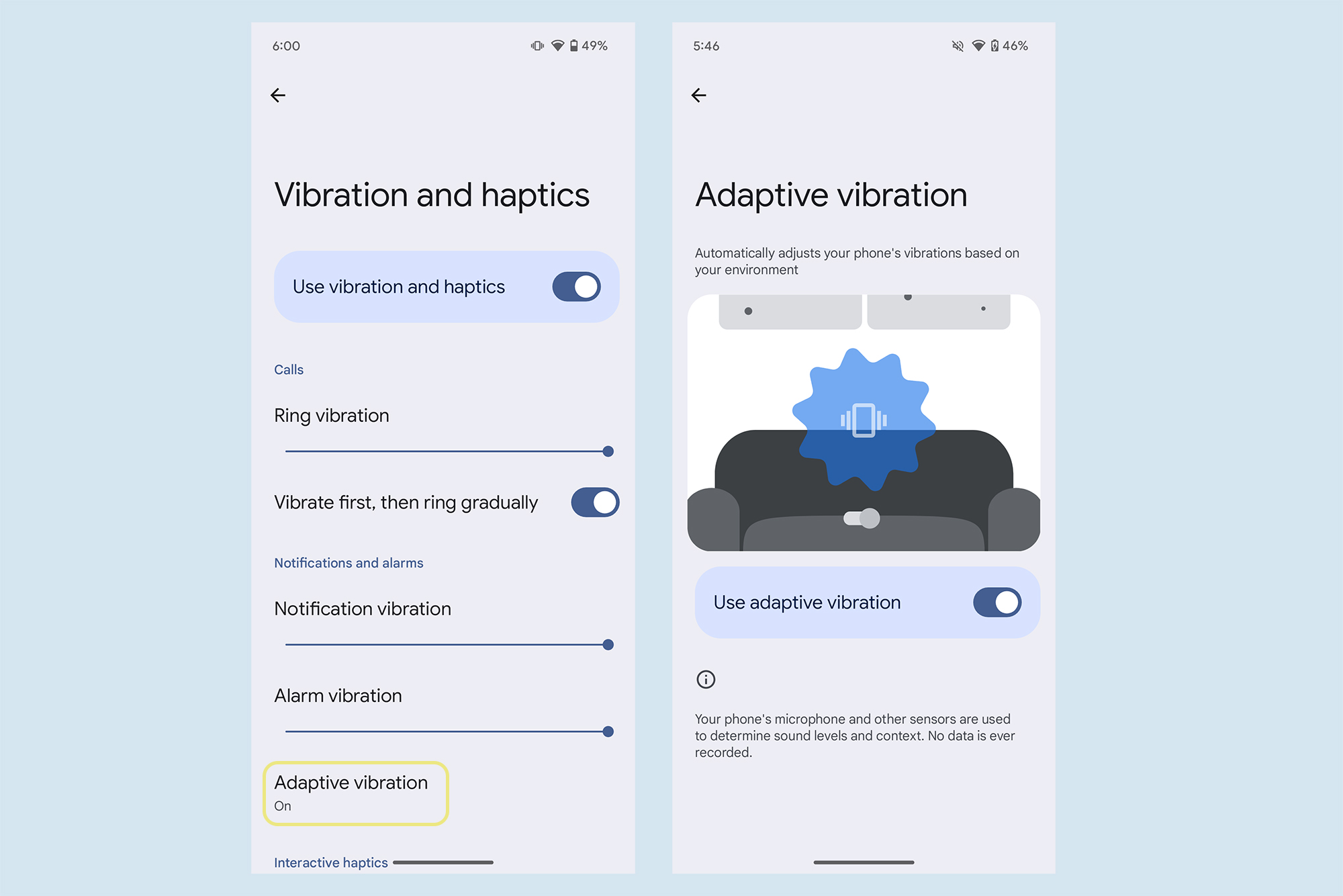 Android 15 adaptive vibration feature.