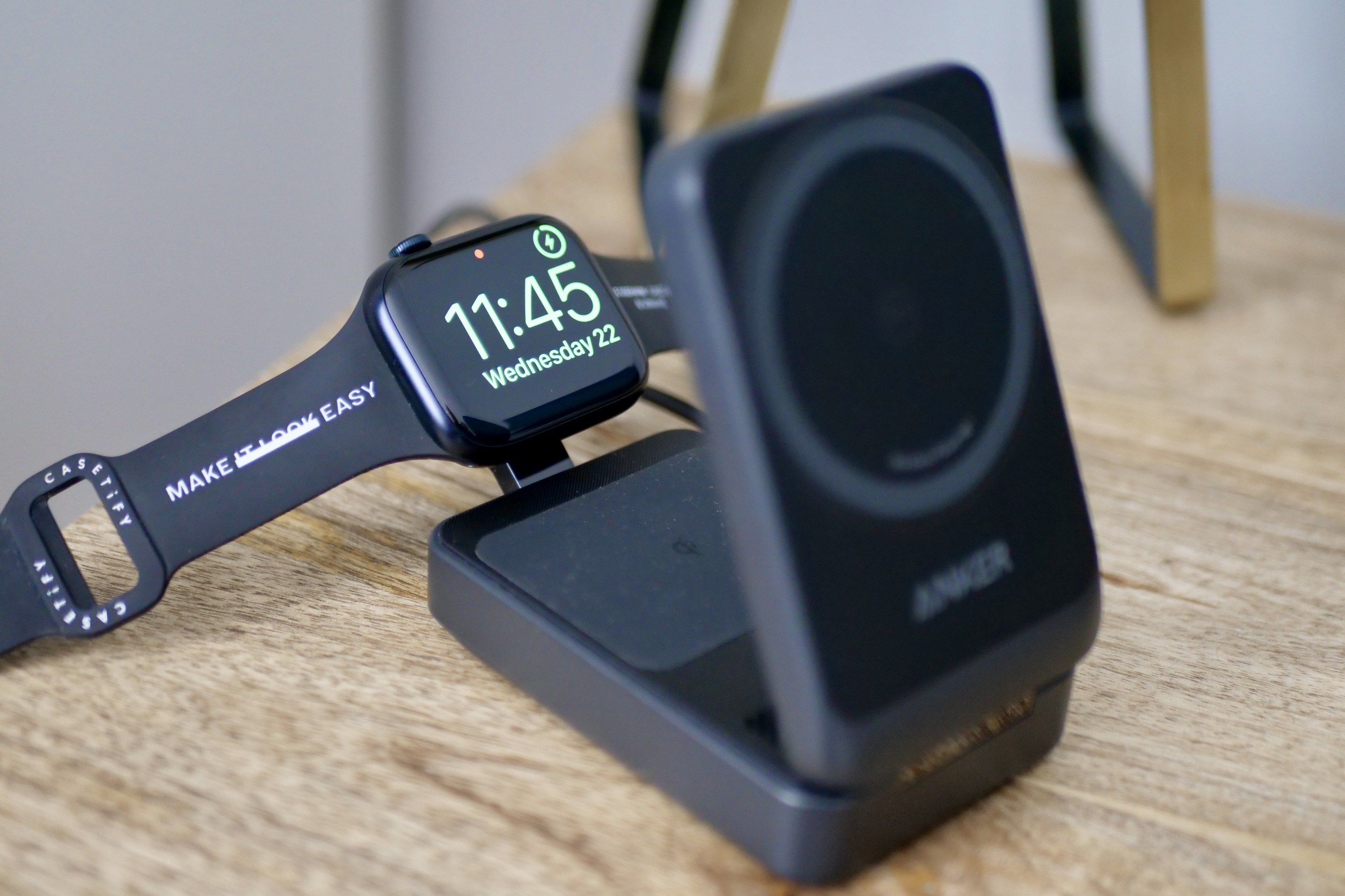 The Apple Watch charging on the Anker MagGo Wireless Charging Station.