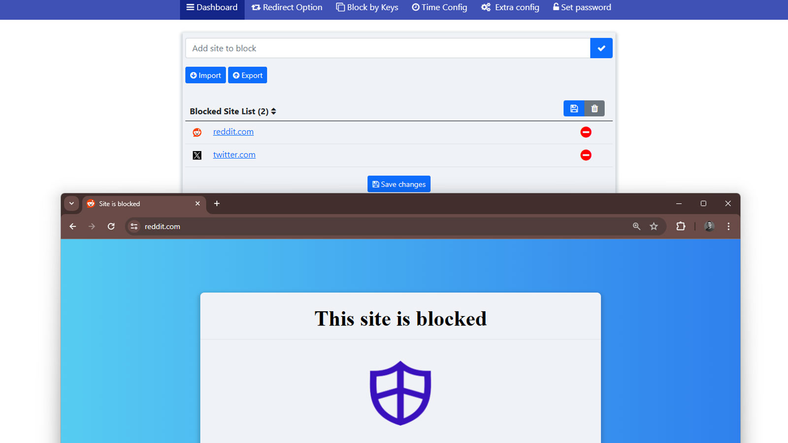 Sites bloqueados com extensões.