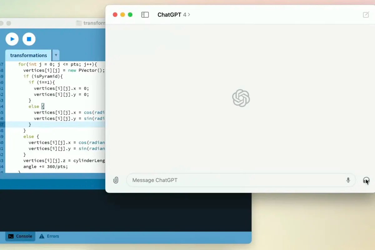 The ChatGPT desktop app open in a window next to some code.